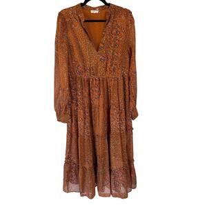 Orange Tiered Floral Fall Midi Dress Peasant Colorful Folklore Cottage Modest XL